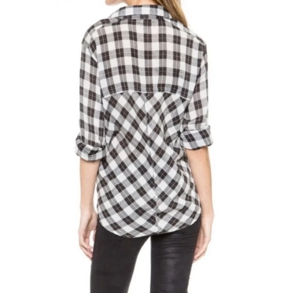 Free People Plaid Lace Up Shoulder‎ Snap Front High Low Shirt Black White Small
